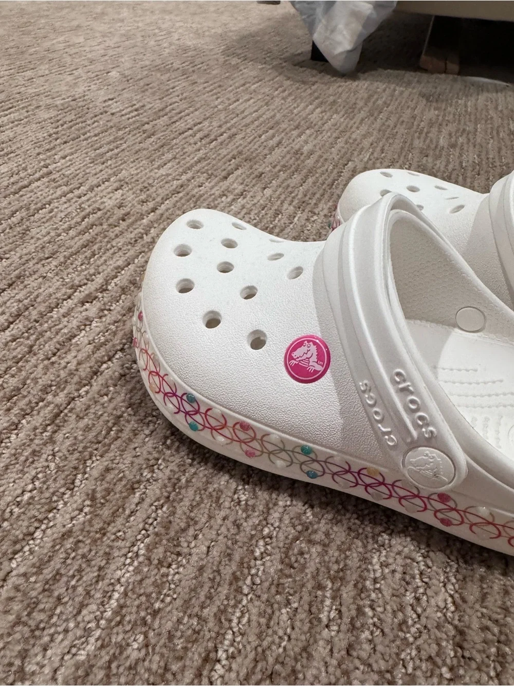 CROCS Kids White Clogs with Pink Logo and Multicolor Trim
